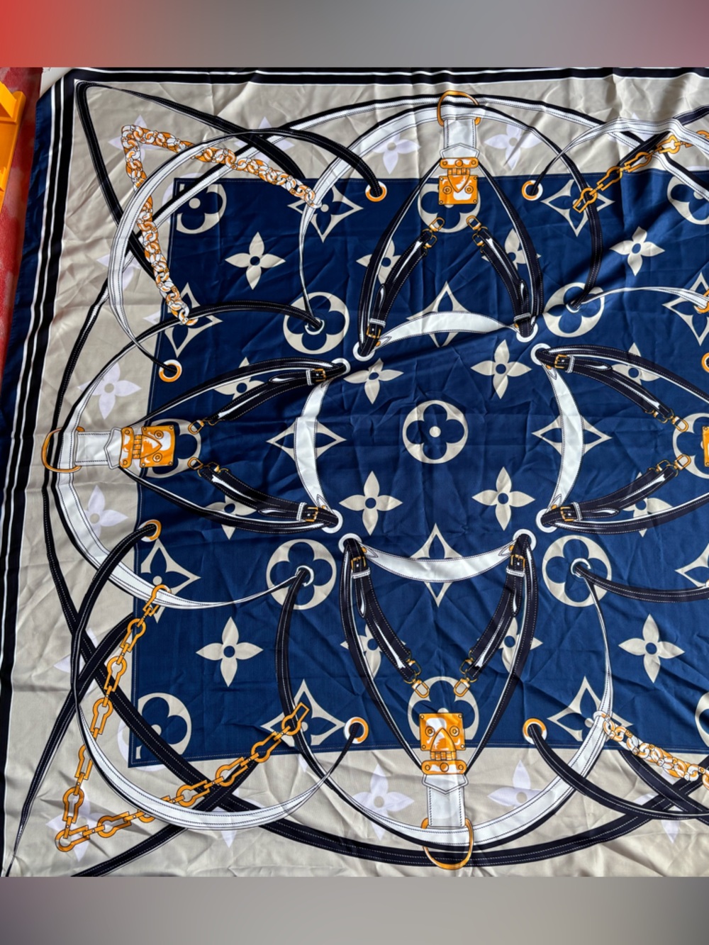 Chain Print Scarf Blue Gold Silk Feel Square Head Scarf